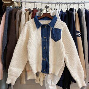 Cream Knit Cardigan Denim Trim Contrast